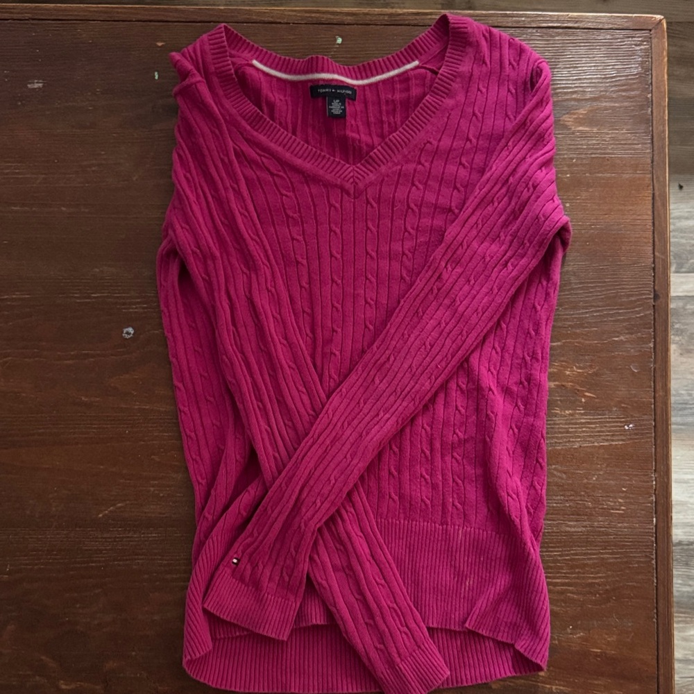 Tommy Hilfiger Hot Pink Cable V-Neck Sweater